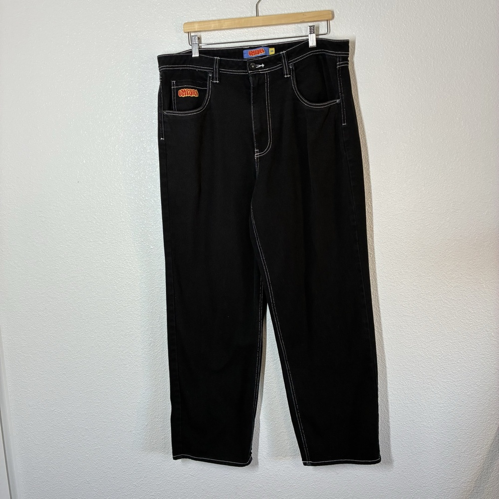 Empyre Jeans Mens 36x30 Black Relaxed Straight Logo Embroidered Frayed Hem